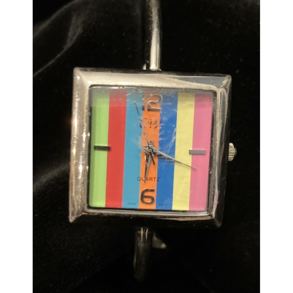 CW Square Face Rainbow Striped Watch Stainless Steel Works Multi Color